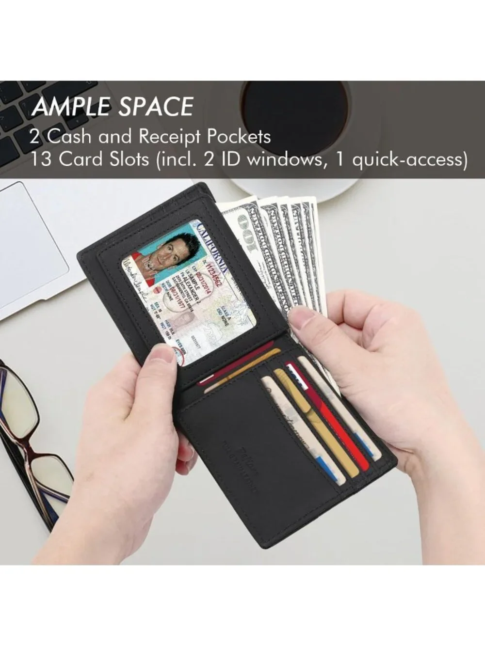 Men's RFID Blocking Bifold Wallet - Full Grain Leather, 2 ID Windows, 13 Card